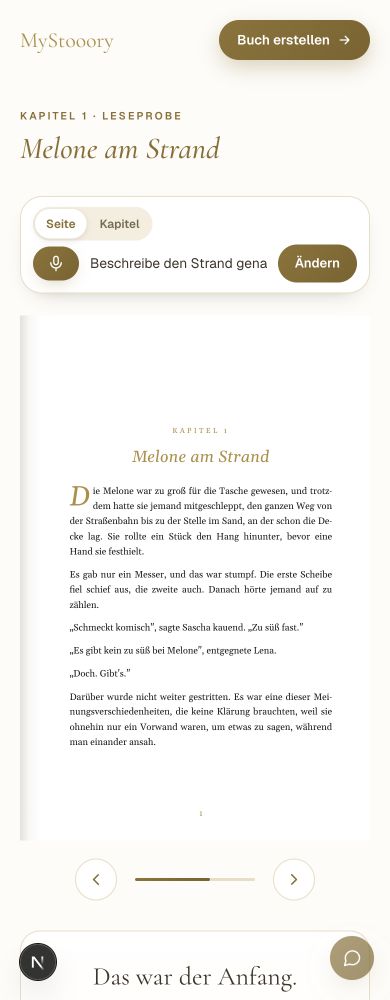 Aktuelle mobile Buchansicht: Seite oder Kapitel wählen, Änderungswunsch eingeben oder einsprechen und Ändern antippen. Darunter die echte Buchseite mit Blätterpfeilen.