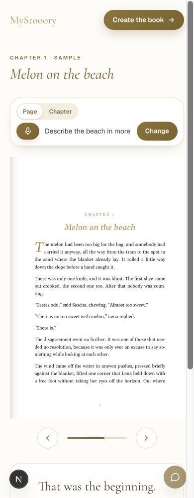 Current mobile book editor: choose Page or Chapter, type or dictate an instruction and tap Change. The book page and page-turn controls appear below.