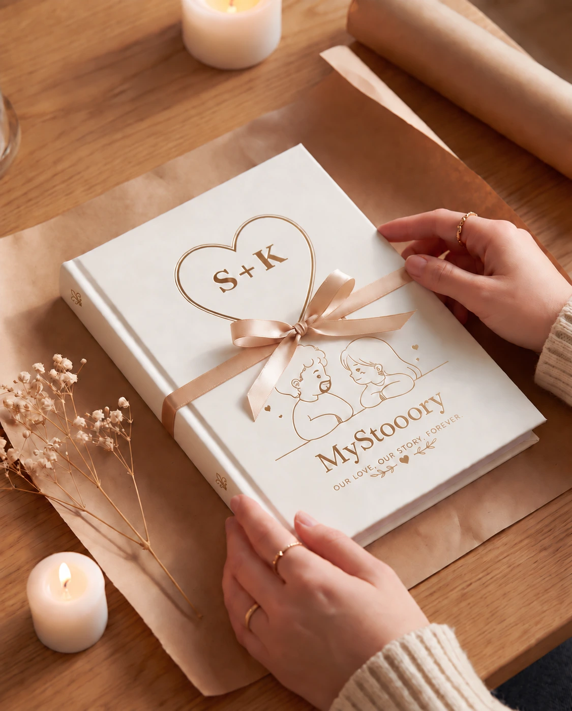 Das fertige Buch als Geschenk, mit Goldband und Kerze