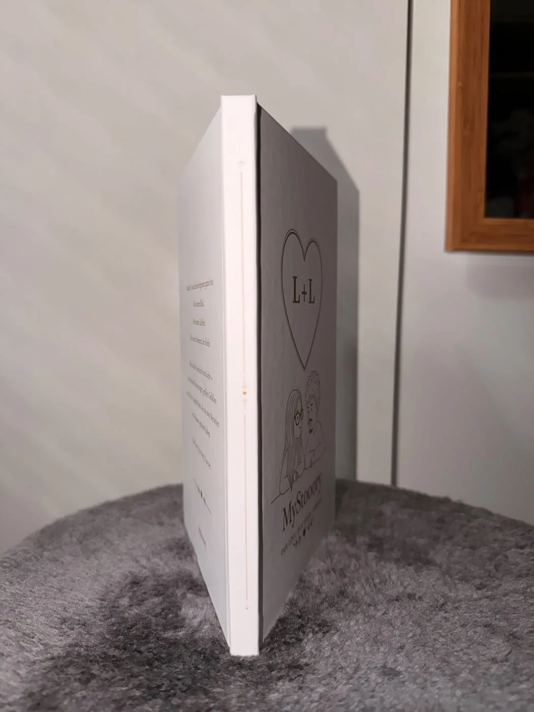 Lauricios Buch: Buchrücken und Einband von der Seite